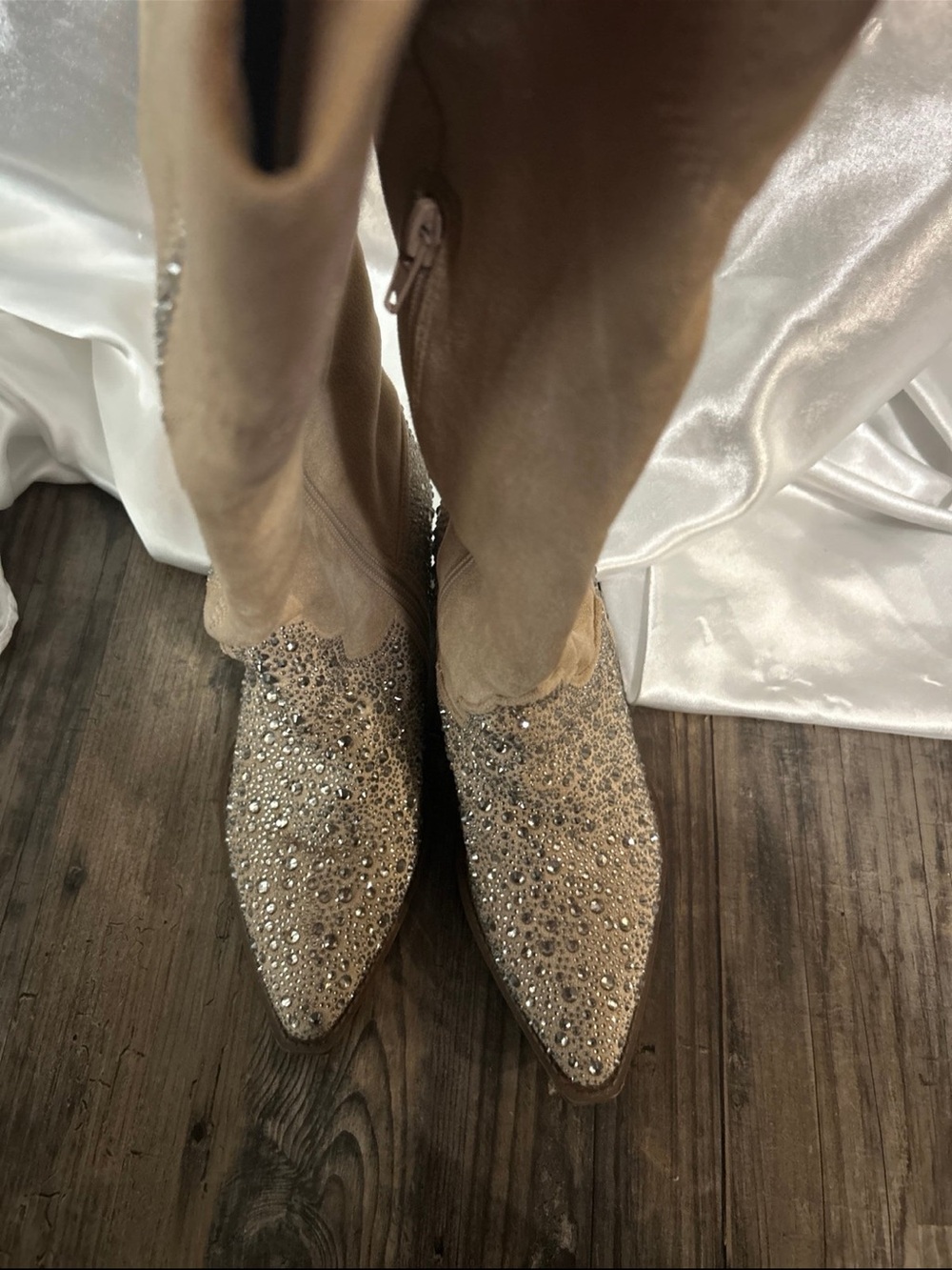 Apple Crystal-Embellished Pointed-Toe Knee Boots in Beige